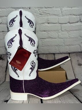 NWT El General 1901 Western White Leather & Purple Glitter Cowboy Boots